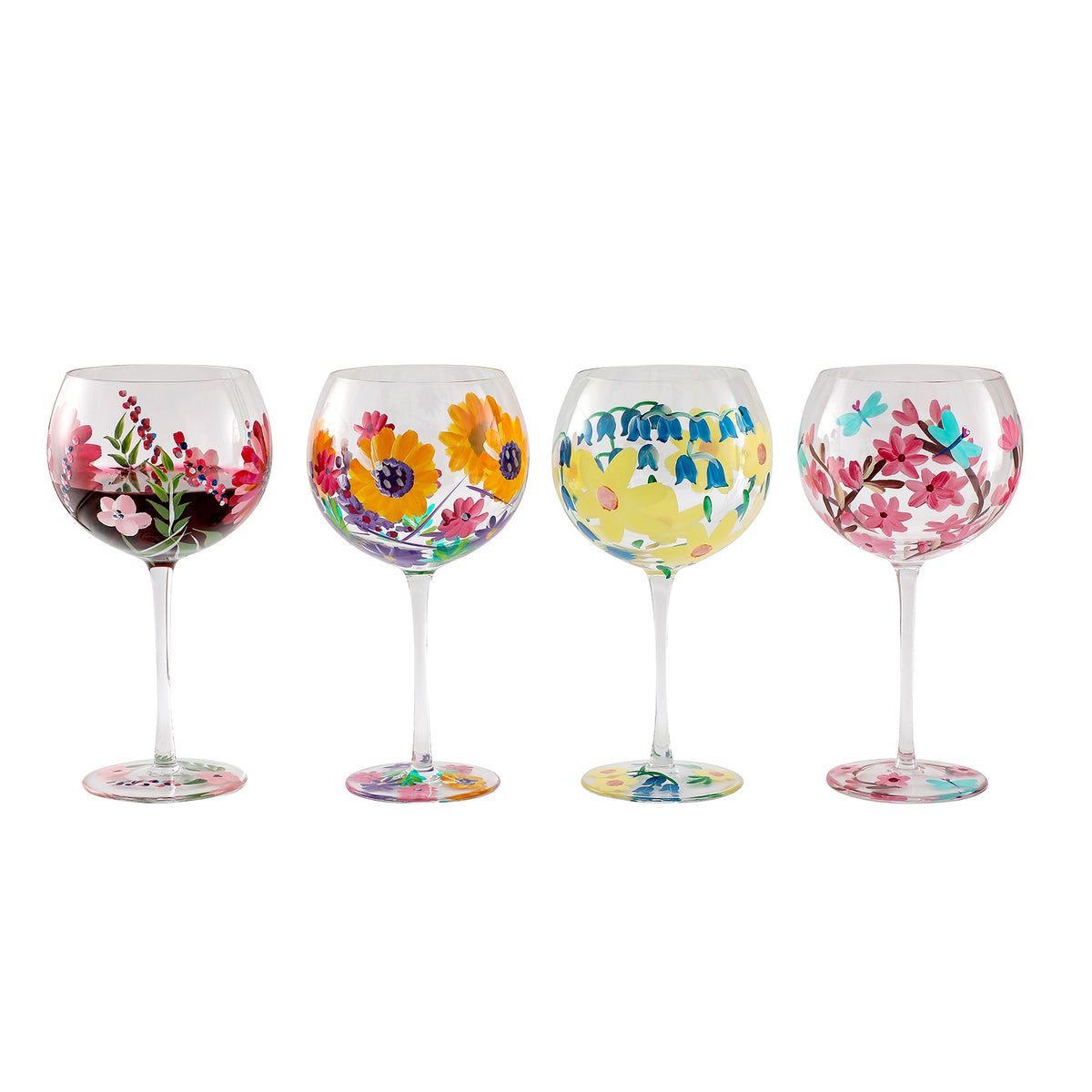 Hand Painted Flowers Wine Glasses set of 4 HOMEW INC
