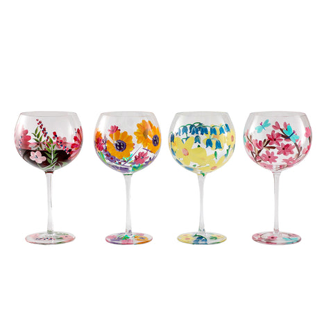 Hand Painted Flowers Wine Glasses set of 4