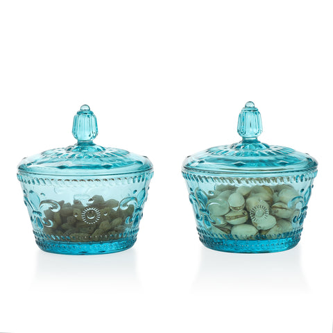 Colorful Embossed Glass Candy Jar with Lid 10 oz. set of 2
